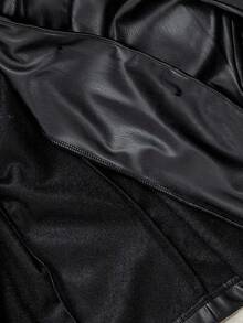 SHEIN MOD 女士黑色PU皮革长袖打结腰身时尚西装外套，秋冬款，时尚百搭，外出休闲，尽显优雅气质 - 黑色 - 查看 6