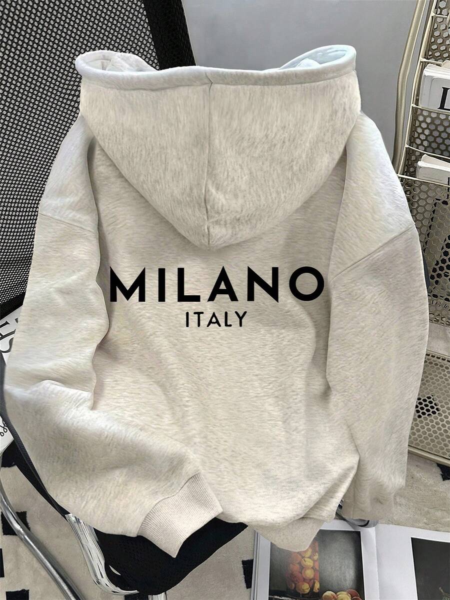 SHEIN Women's Letter Print Thermal Lined Dropped Shoulder Long Sleeve Casual Loose Sweatshirt, Autumn/Winter, Christmas - Light Grey - View 1