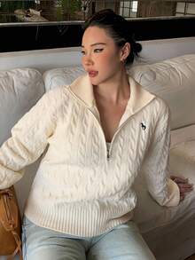 Dazy Plus Zip-Up Half Open Collar Loose Embroidered Pattern Long Sleeve Pullover Sweater, Spring/Autumn - Apricot - View 9