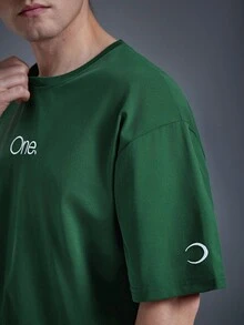 DRIFTMERE Men Letter Embroidery Tee For Summer Spring To Summer, Men Comfort And Soft Sports T-Shirts, Athleisure Style, Sporty Fashion - Dark Green - View 7