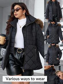 SHEIN Clasi Plus Size Minimalist Quilted 2 In 1 Hooded Padded Coat With Fur Collar Women Puffer Jacket Women Winter Coat Women Quilted Jacket Faux Fur Hooded Jacket Women Outerwear Multifunctional Warm Jacket Old Money Style High Collar Winter Jacket With Fur Collar Winter Clothes Fall Clothes For Women 2025 Autumn And Winter New Style Comfortable And Warm Halloween Costumes Christmas New Year With Pocket With Detachable Fur Collar With Fur Collar
