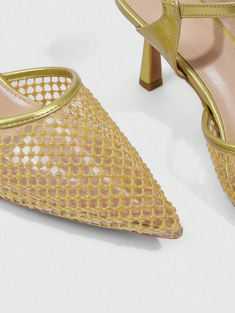 CUCCOO SZL Women's Light Gold Pointed Toe Hollow Design Buckle Strap Fashion High Heel Pumps
