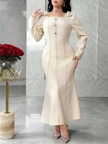 Modelyn Bow Collar Waist Cinched Slimming Elegant Long Dress