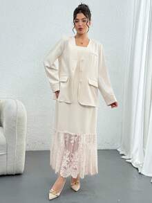 DAZY Women's Elegant Commuter Solid Color Jacket & Lace Patchwork Skirt Suit Business Attire Western Outfits For Women - White - View 1