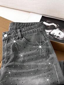 Comfortcana 复古性感修身洗水钻缀饰阔腿牛仔裤 牛仔裤 闪光牛仔裤 水钻牛仔裤 - 灰色 - 查看 6