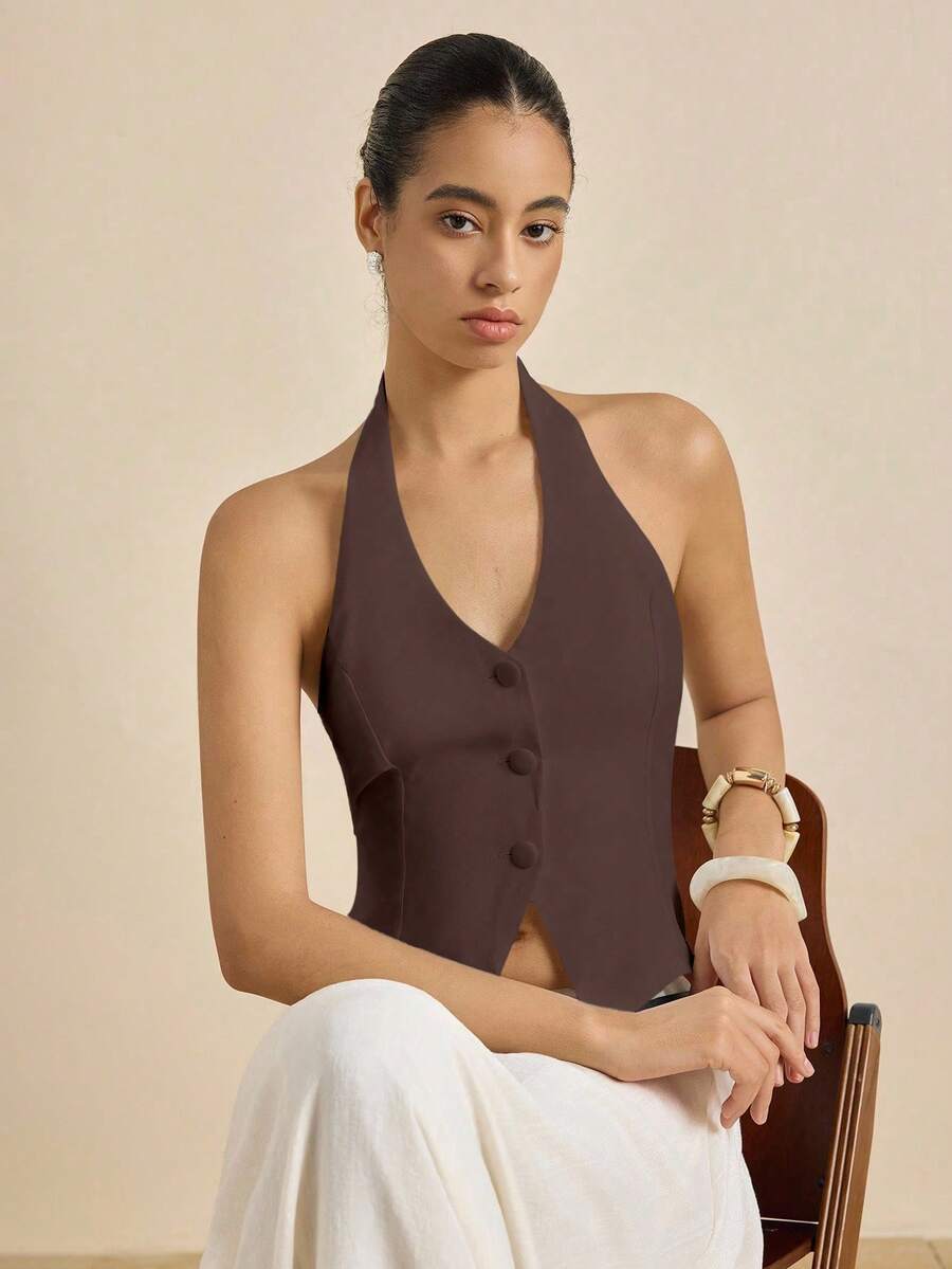 Airaco Áo hai dây hở lưng cài nút phía trước màu trơn tối giản dành cho nữ, mùa hè - Màu nâu  Mocha - Xem 1