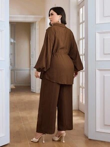 Veilorie 2 件大码女式纯色落肩单排扣上衣和阔腿裤休闲宽松西装 2 件套 - 棕色 - 查看 2