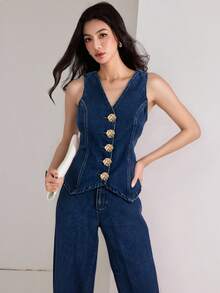 Heiryn Bộ đồ denim nữ Áo vest denim và quần jeans Nút kim loại trang trí Bộ đồ hai mảnh thường ngày cho nữ Bộ đồ thường ngày giản dị Áo vest denim một hàng khuy và quần jeans rộng thùng thình cho nữ Bộ đồ thời trang hai mảnh Bộ đồ cho nữ Bộ đồ hòa nhạc đồng quê Bộ đồ hòa nhạc cho nữ Bộ đồ denim nữ dạo phố Bộ đồ lễ hội - Rửa trung bình - Xem 5