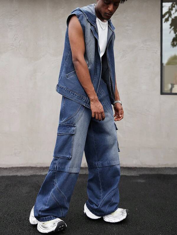 Manfinity EMRG Conjunto de 2 piezas con chaleco holgado tipo sudadera estilo retro americano y jeans rectos de mezclilla