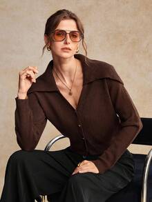 House of One Exaggerated Collar Cardigan Solid Sweater Women Autumn Winter Elegant Casual Wear