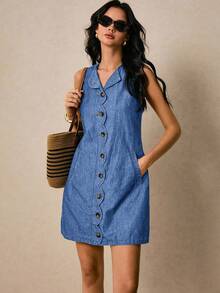 Poéselle 女式圆领单排扣口袋休闲无袖牛仔连衣裙 - 淺色水洗藍 - 查看 2
