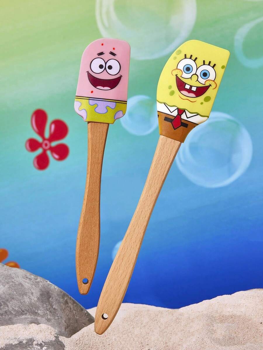 SpongeBob SquarePants | SHEIN 2pcs Silicone Scraper Baking Tools Long Handle Spatula Cream Cake