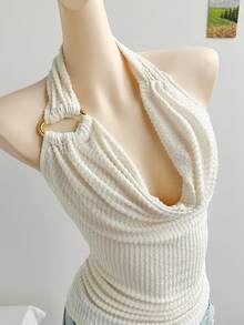 Soleia 女士度假垂坠领口纹理针织面料上衣，配金属肩带，性感修身时尚衬衫，适合派对、约会、婚礼、下午茶、西方音乐节、浪漫海滩、春夏邮轮度假 - 白色 - 查看 4