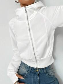 SHEIN EZwear 女士休闲日常白色拉链连帽衫，秋季 - 白色 - 查看 6