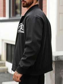 Manfinity Homme Plus Size Men's Letter Print Fleece Baseball Jacket,Black And White Varsity Jacket,Winter Streetwear,City Break,Back-To-School,Zip Up Graphic Bomber - Black - View 2