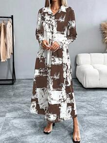 Breezaya Váy sơ mi in họa tiết nhuộm loang thời trang dành cho nữ, váy dài Maxi mùa xuân thu dành cho nữ, váy dài thường ngày, váy dài tay dành cho nữ - màu nâu - Xem 7