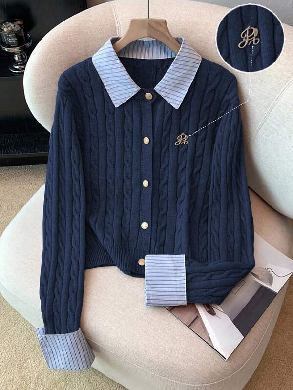 Franclia Fashionable Blogger-Inspired 2 In 1 Patchwork Knit Cropped Cardigan, European & American Style Navy Blue Cardigan Sweater Cable Knit Cardigan Women Preppy Sweater Navy Cardigan Collared Cardigan