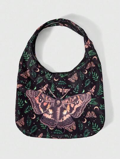 Fairycore Bolso de mano grande con estampado de mariposas y hojas, de estilo gótico y moda, con gran capacidad para mujer