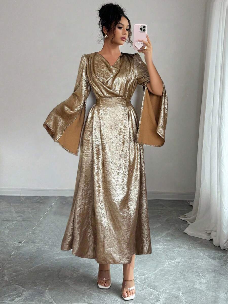 Modelyn Autumn/Winter Woven Gold Foil Shiny Draped Neck Tie-Waist Loose Split Hem Long Sleeve A-Line Dress, Fashionable & Elegant For Outings, Parties, Gatherings