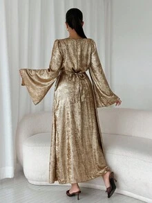 Modelyn Autumn/Winter Woven Gold Foil Shiny Draped Neck Tie-Waist Loose Split Hem Long Sleeve A-Line Dress, Fashionable & Elegant For Outings, Parties, Gatherings