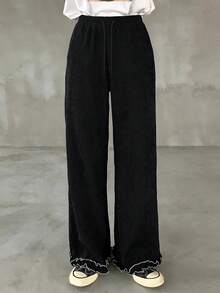 FRIFUL Women's Elastic Waist Drawstring Contrast Stitching Decoration Straight Leg Loose Casual Pants, Versatile Vacation