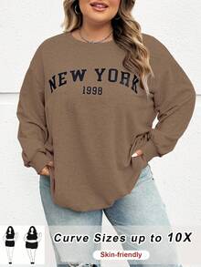SHEIN CURVE+ 秋冬大码休闲宽松纽约图案圆领长袖女式运动衫 - 棕色 - 查看 8