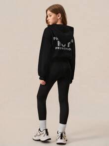 SHEIN Tween Girls Activewear Set,Black Hoodie Sweatshirt & High Stretch Leggings,Graphic Print 4-Season Outfit,Black And White,Autumn,Streetwear,City Break - Black - View 2