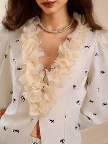 Penseblé Women's Suit Set, Contrast Color Design, Floral & Bow Print - Black and White - View 3
