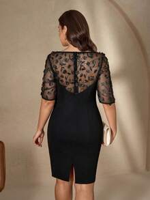 Chikora Váy ôm dáng thêu hoa 3D lưới thanh lịch cỡ lớn - màu đen - Xem 3