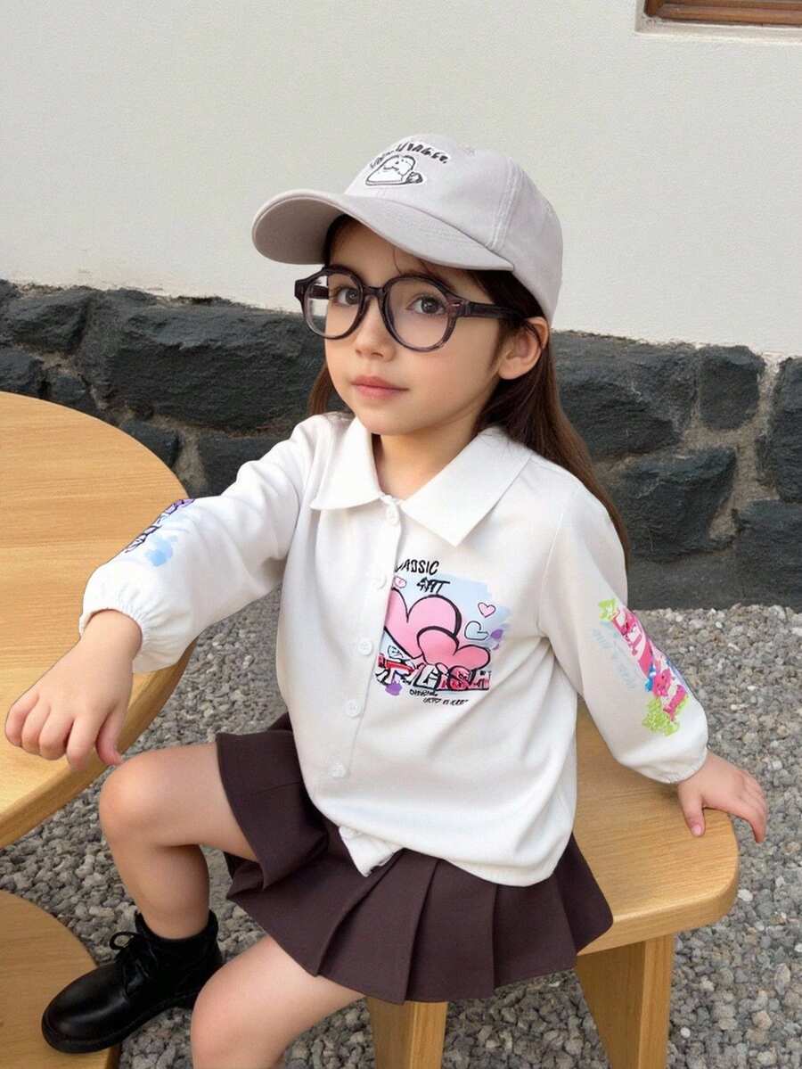 年轻女孩休闲涂鸦印花长袖翻领衬衫，适合春夏休闲时尚 - 彩色 - 查看 1