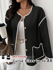 SHEIN CURVE+ Quần áo Curve Plus Size/Mùa thu/Mùa thu Quần áo nữ/Mùa đông Quần áo dành cho nữ/Mùa đông Áo khoác thường ngày cỡ lớn cho nữ dài tay ve áo đơn nút chắp vá hoa Áo khoác cỡ lớn tay dài 8XL Quần áo nữ Curve Plus Quần áo nữ cỡ lớn 6XL Quần áo nữ cỡ lớn Quần áo nữ cỡ lớn 6XL/Mùa thu/Mùa đông - Đen và trắng - Xem 1