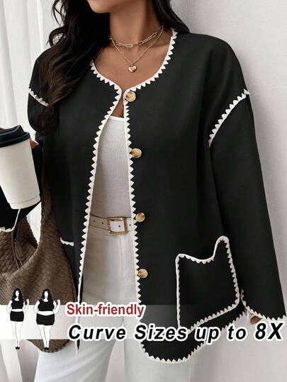 SHEIN CURVE+ Curve Plus 码/秋装/秋季女装/冬装女士/冬装大码女士休闲长袖翻领单扣拼布花朵装饰夹克大码长袖 8xl 女装女士 Curve Plus 服装 6xl Plus 女装大码女装 6xl Plus 女装/秋装/冬装