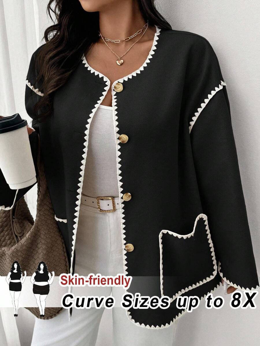 SHEIN CURVE+ Quần áo Curve Plus Size/Mùa thu/Mùa thu Quần áo nữ/Mùa đông Quần áo dành cho nữ/Mùa đông Áo khoác thường ngày cỡ lớn cho nữ dài tay ve áo đơn nút chắp vá hoa Áo khoác cỡ lớn tay dài 8XL Quần áo nữ Curve Plus Quần áo nữ cỡ lớn 6XL Quần áo nữ cỡ lớn Quần áo nữ cỡ lớn 6XL/Mùa thu/Mùa đông - Đen và trắng - Xem 1