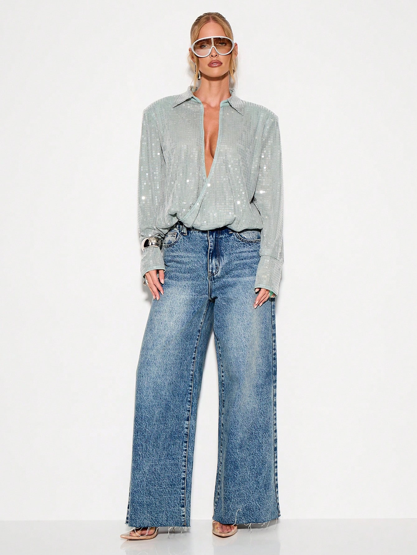 KIZN Body con colletto in paillettes metallizzate e scollatura profonda