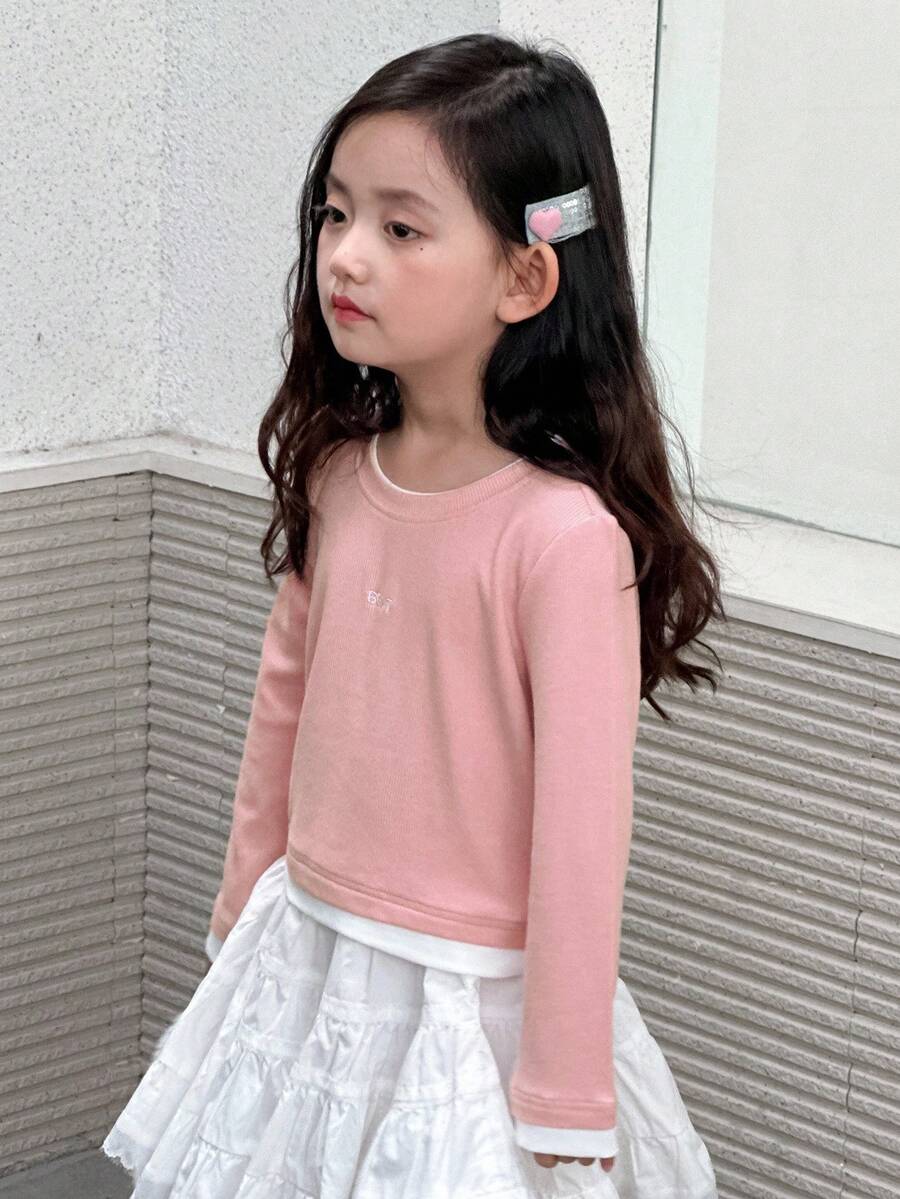 Dazy Kids Tricou pentru fete tinere, cu guler rotund, tricotat, cu broderie cu litere, în culori contrastante, toamnă