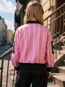 Chaqueta de béisbol casual de niña con contraste de color y flores 3D, adecuada para primavera y otoño - Rosa - Ver 2