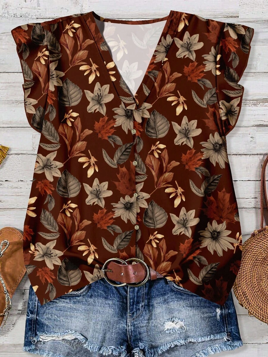 EMERY ROSE 女士休闲枫叶图案衬衫，适合秋夏季节，复古女式上衣，秋季女式上衣，碎花女式衬衫，秋季女式上衣，休闲女装 - 巧克力棕 - 查看 1