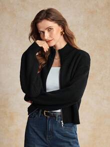 House of One Zip-Up Mock Neck Oversized Black Sweater Women Casual Autumn Winter