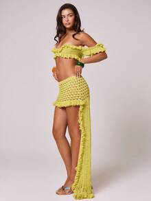 MUSERA 钩针编织修身迷你裙，带荷叶边拖尾，适合春夏度假、波西米亚风、伊比沙岛、优雅俱乐部、海滩、可爱性感、节日、生日、秋季派对、晚宴、优雅派对和假日穿着。 - 黃色 - 查看 3