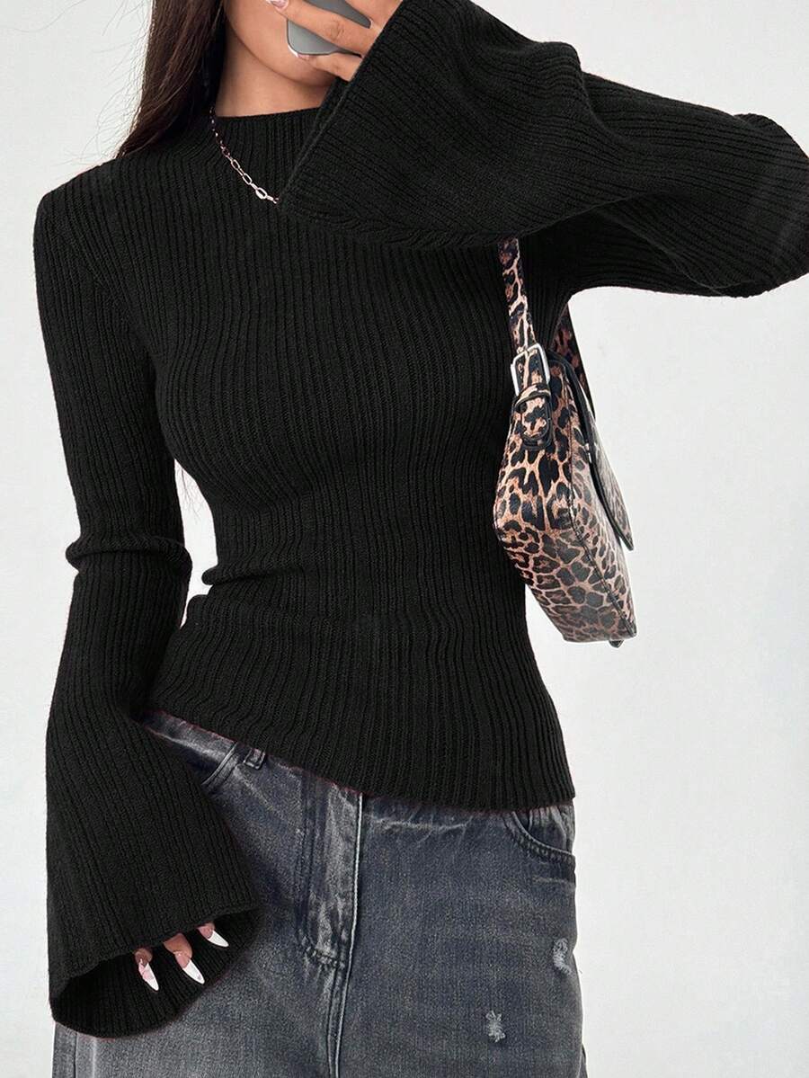 Flirla Women's Fashionable Flare Sleeve Solid Color Round Neck Fitted Sweater, Autumn