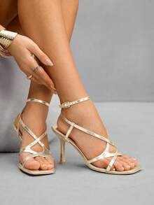 CUCCOO SZL Women's Gold Metallic PU Fashionable Sexy Strap Buckle Nightclub Glamorous Pointed Toe High Heel Sandals