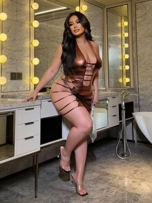 NU&NOW Đầm bodycon dệt kim co giãn hở lưng gợi cảm cỡ lớn cho nữ - màu nâu - Xem 1