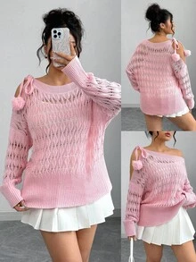 Elenzga Suéter de punto de manga larga con hombros descubiertos, cordones y calado, talla grande - Rosa - Ver 3