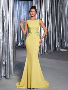 Glamrae Váy suông đuôi cá thêu hoa 3D cổ thuyền màu hồng sen thanh lịch, eo trong suốt, viền đuôi cá, thích hợp cho các buổi hẹn hò, tiệc độc thân, lễ tốt nghiệp, đám cưới, dạ tiệc trang trọng - Màu vàng - Xem 1