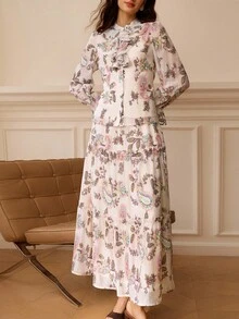 Omancia 2025 秋季新品法式优雅精致天丝彩色刺绣荷叶边领长袖衬衫和飘逸中裙套装，适合通勤、度假、约会、郊游、节日、花园、家庭聚会、劳动节、节日、独立日、返校、教师装、万圣节、感恩节 - 粉色 - 查看 7