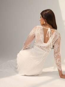 Chiquease 白色蕾丝连衣裙，露肩荷叶边领带设计，腰部荷叶边，优雅女士长裙，春秋季 - 白色 - 查看 4