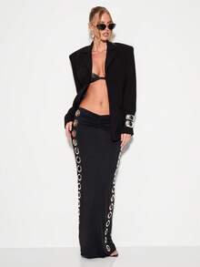 KIZN Eyelet Detail Maxi Skirt High Waisted Long Black Column Skirt With Metal Grommet Side Detailing Evening Formal