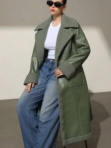 Aveloria Modichic Green Faux Shearling Plus Size Collar Cinched Waist Casual Jacket For Plus Size Women - Green - View 4