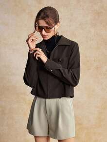 House of One Chaqueta de mujer de ajuste holgado con cremallera, cuello, bolsillos, de tejido sólido, para otoño e invierno