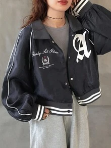 FRIFUL 女式常规领口正面图案字母撞色印花侧条纹装饰宽松短款棒球夹克，哥特式万圣节秋冬服装 - 藏蓝色 - 查看 4